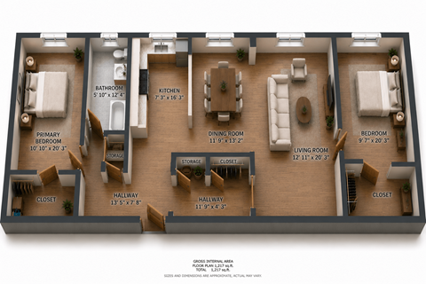 Floor plan for 2 beds, 1 bath, 1228 sqft